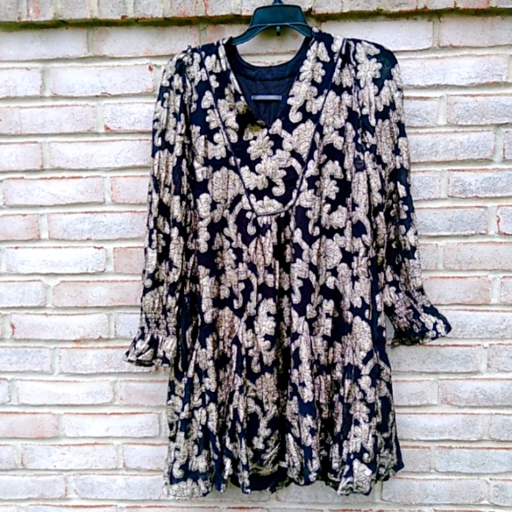 Anthropologie | Gold and black metallic tunic mini dress size xs